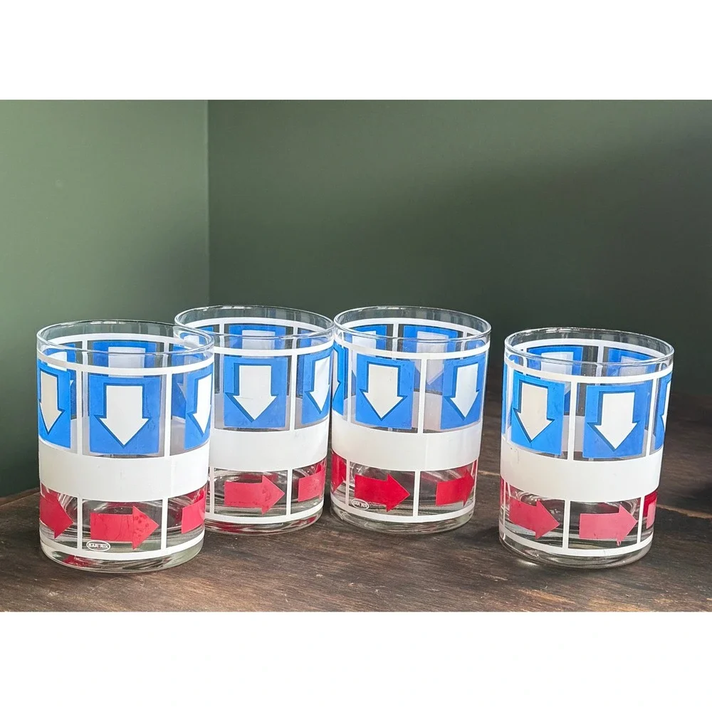 Vintage Bar-Trix Arrow Rocks Glasses Set of 4 Red Blue MCM Lowball Tumblers